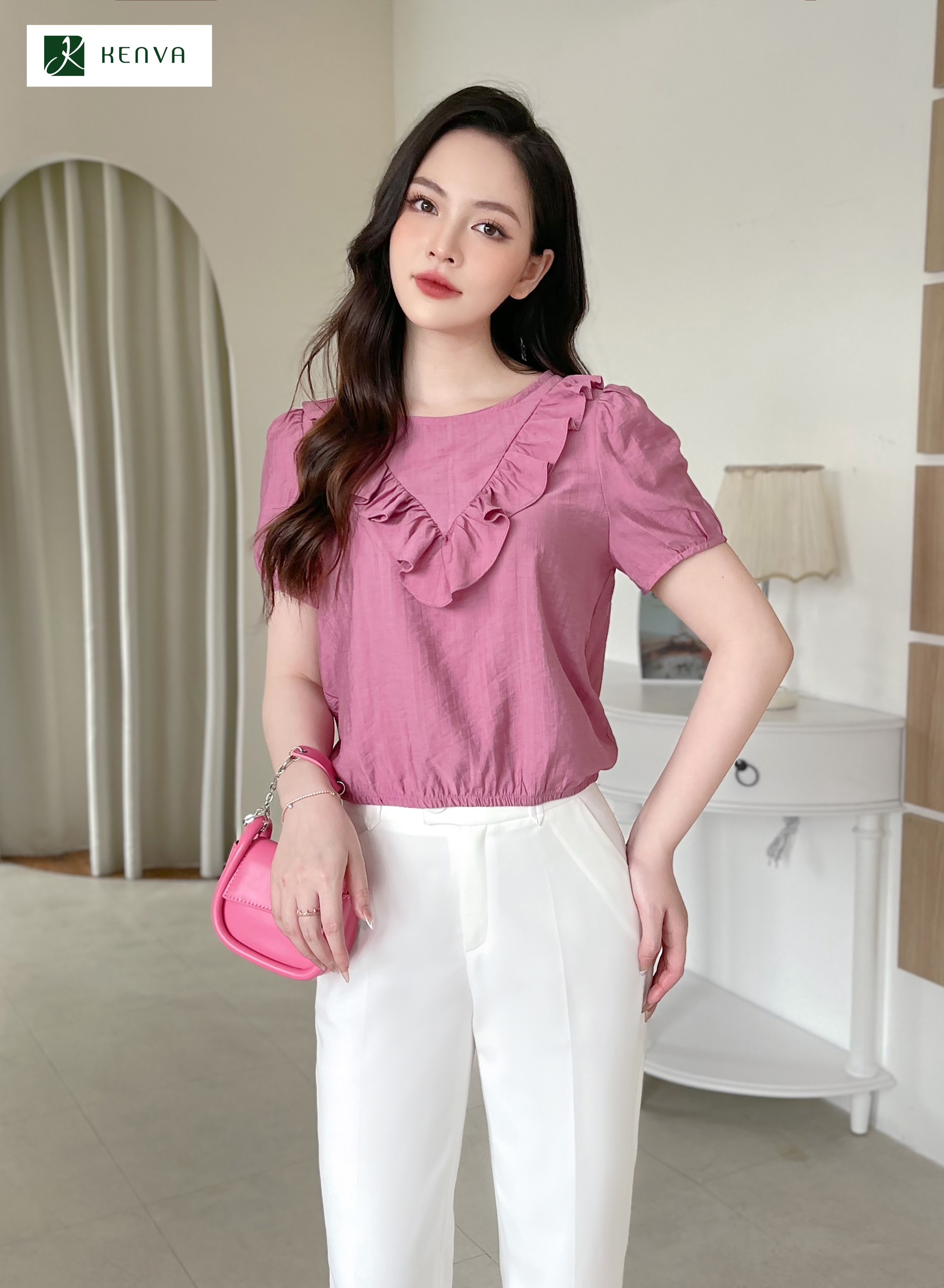 Áo sơ mi nữ cổ tàu rút dây gấu áo Fuschia #16 Áo sơ mi nữ cổ tàu rút dây gấu áo Fuschia